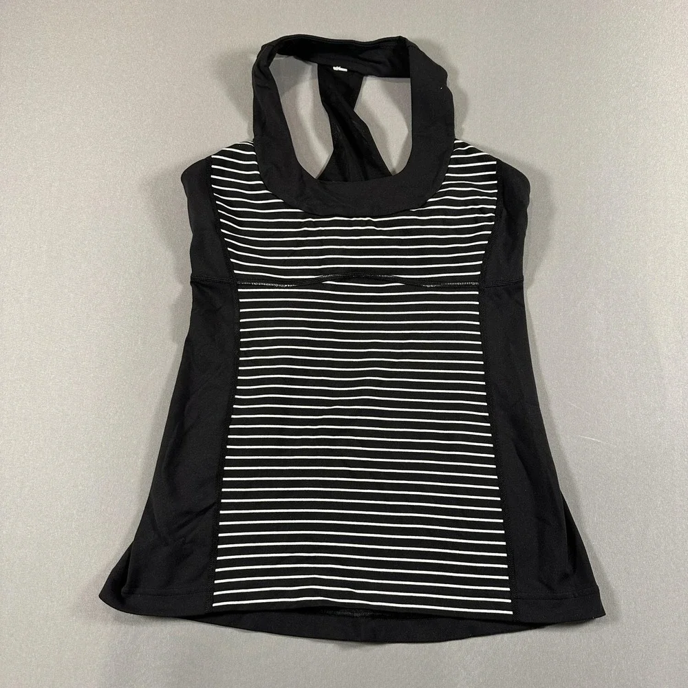 Lululemon Tank Top Womens 8 Black Striped Built In Bra Athletic Yoga Running